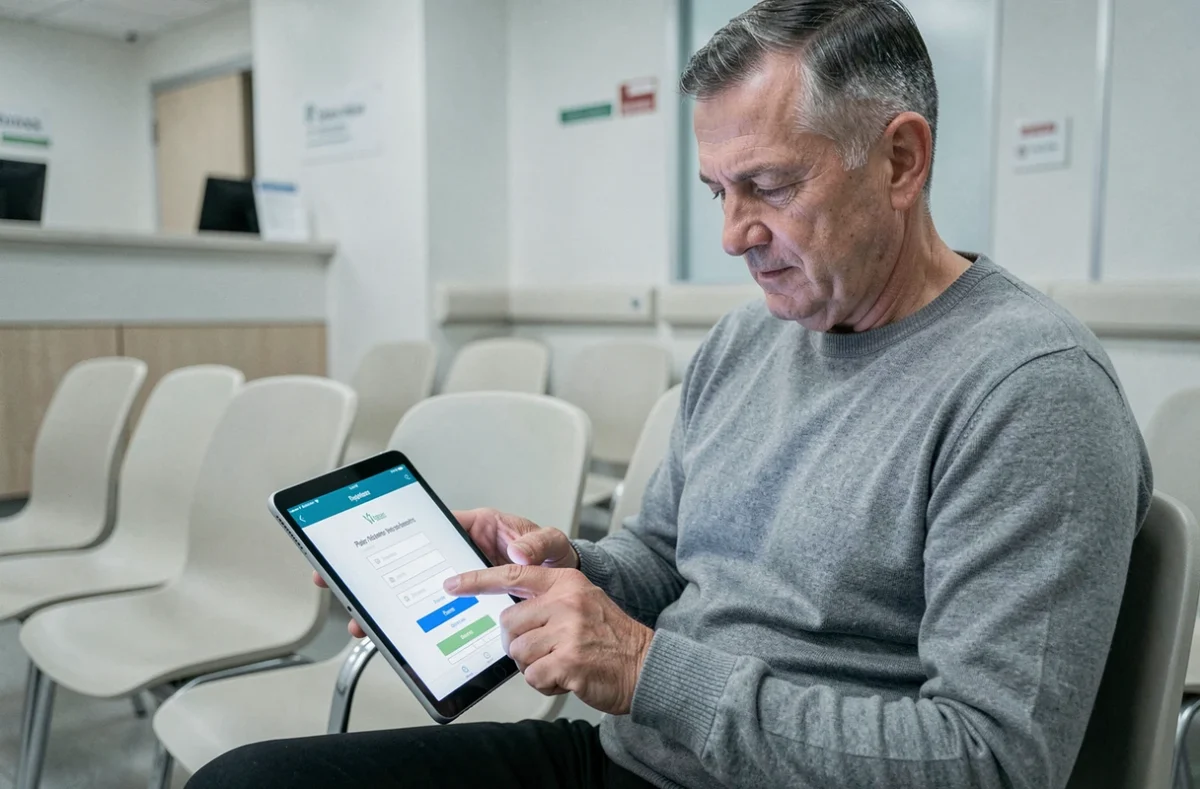 Patient d'âge mûr accédant à son espace Medisys sur tablette dans une salle d'attente médicale