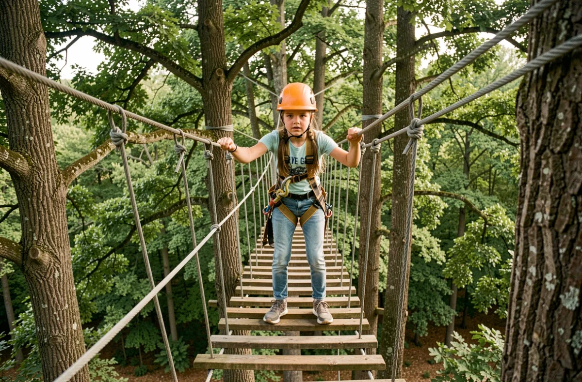 Jeune fille en harnais sur un parcours accrobranche dans une forêt de l'Oise