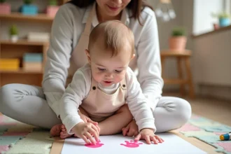Éducatrice en crèche aidant un bébé non marcheur à faire une empreinte de main pour la fête des mères