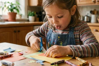 Petite fille de 7 ans faisant une activité manuelle avec des ciseaux et du papier coloré à la table de cuisine