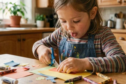 Petite fille de 7 ans faisant une activité manuelle avec des ciseaux et du papier coloré à la table de cuisine