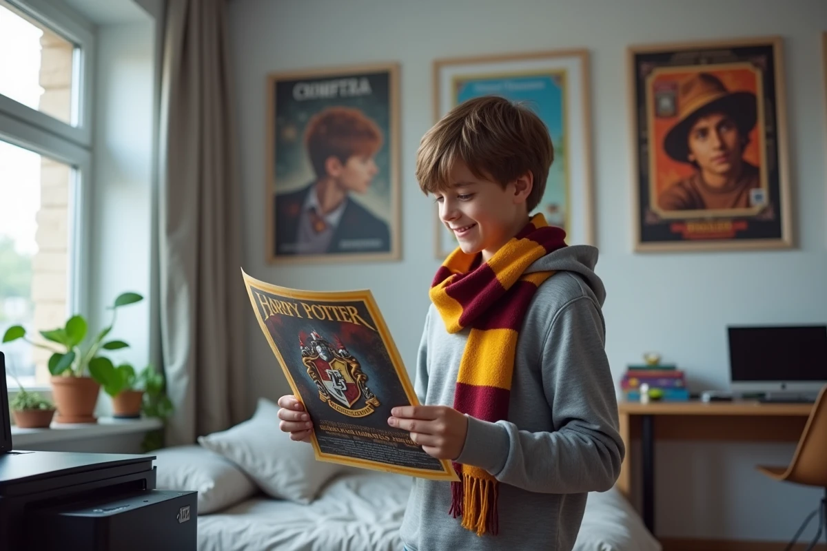 Adolescent inspectant une affiche Harry Potter fraîchement imprimée chez lui avec une imprimante domestique