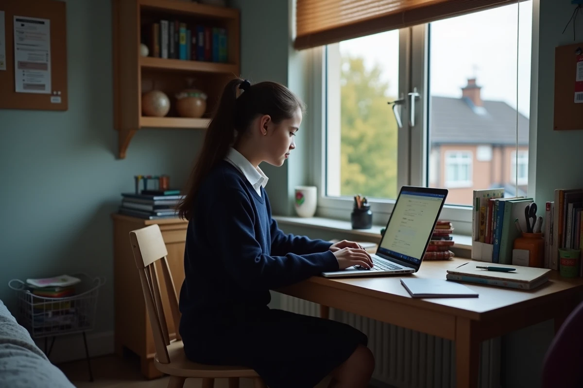 Adolescente concentrée sur son ordinateur dans sa chambre