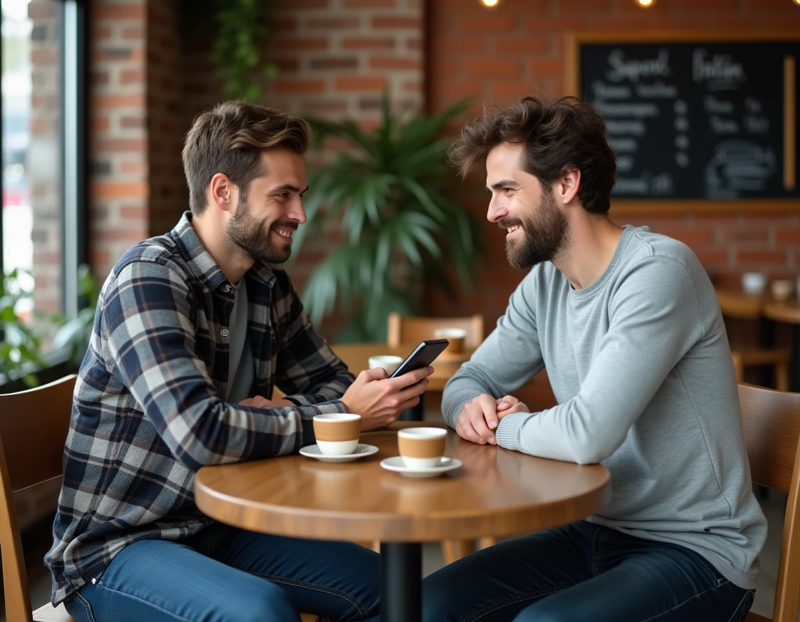 Deux amis masculins dans un café partageant un message émouvant sur smartphone autour d'un café