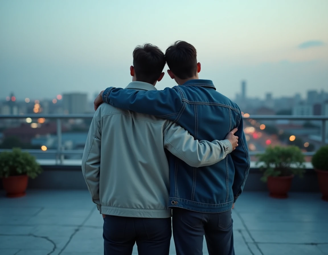 Deux meilleurs amis masculins debout sur un toit terrasse urbain, épaule contre épaule face à la ville