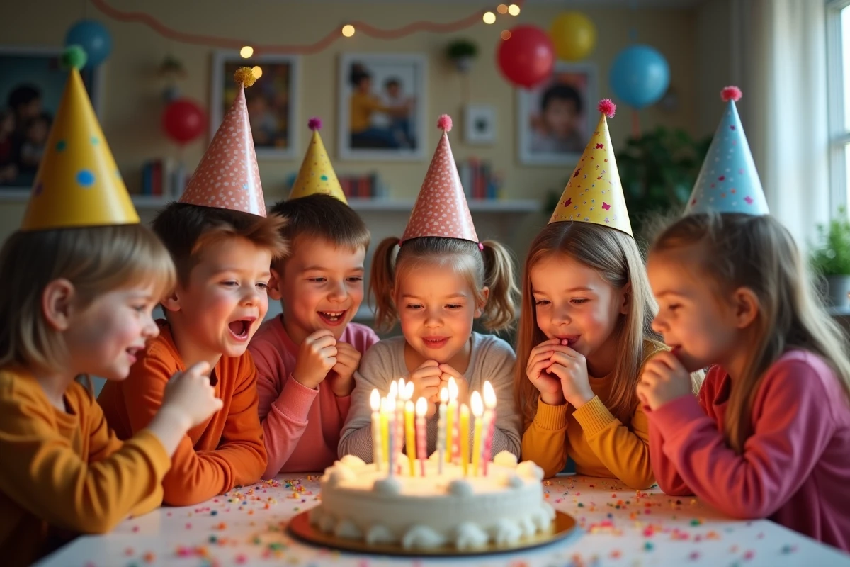 Groupe d'enfants soufflant des bougies lors d'un anniversaire