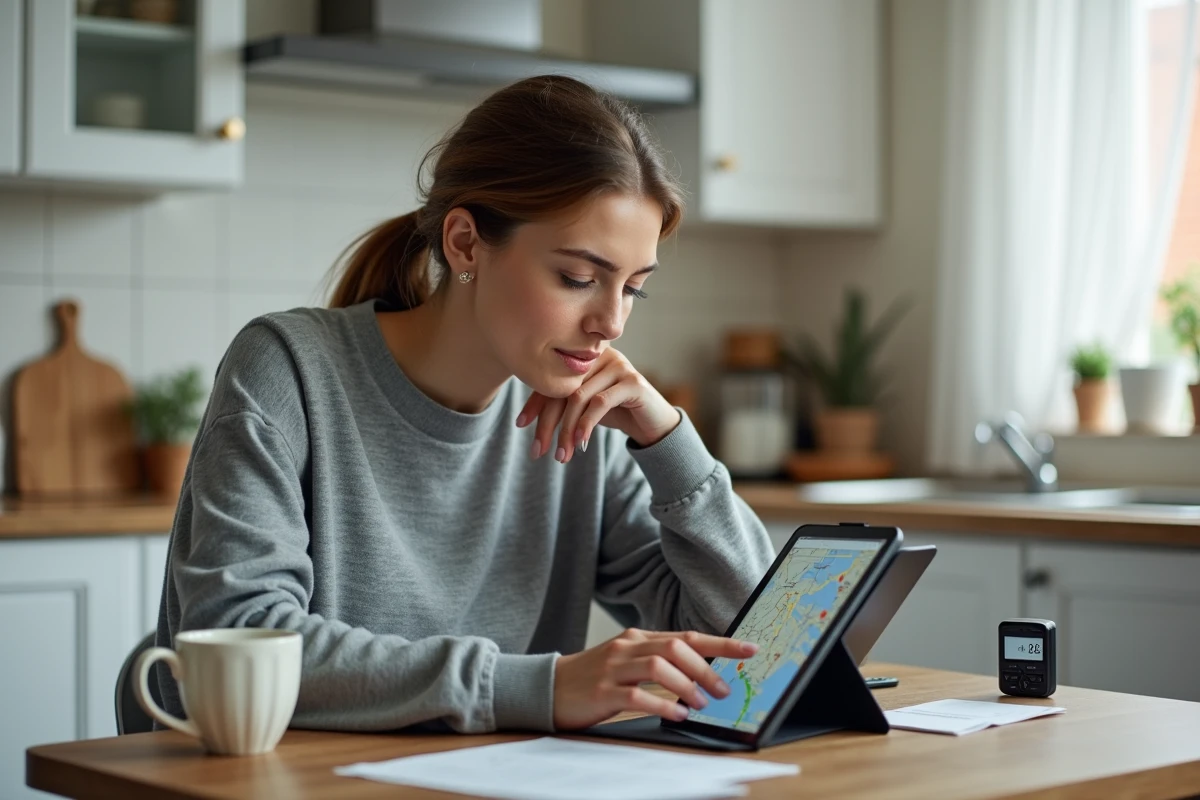 Mère consultant une application de traceur GPS sur tablette pour surveiller son enfant