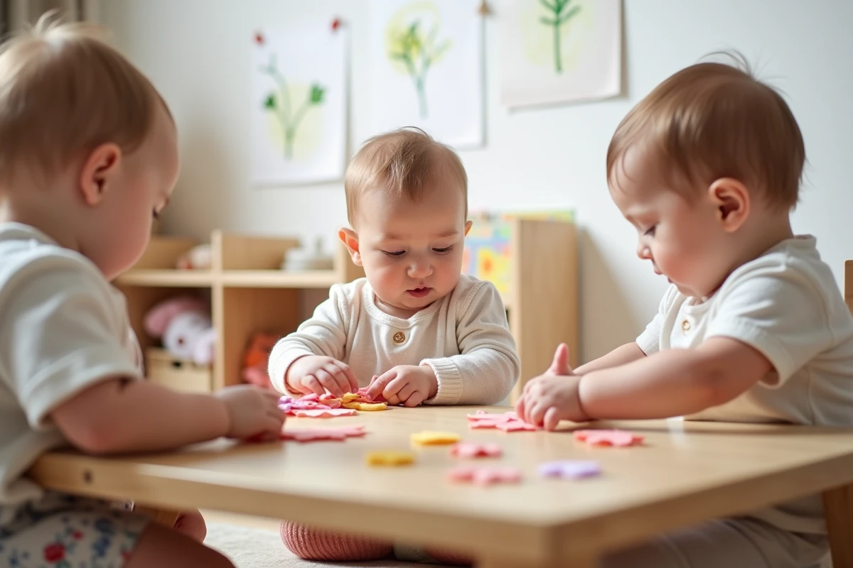 Groupe de bébés non marcheurs en crèche participant à un atelier de bricolage pour la fête des mères