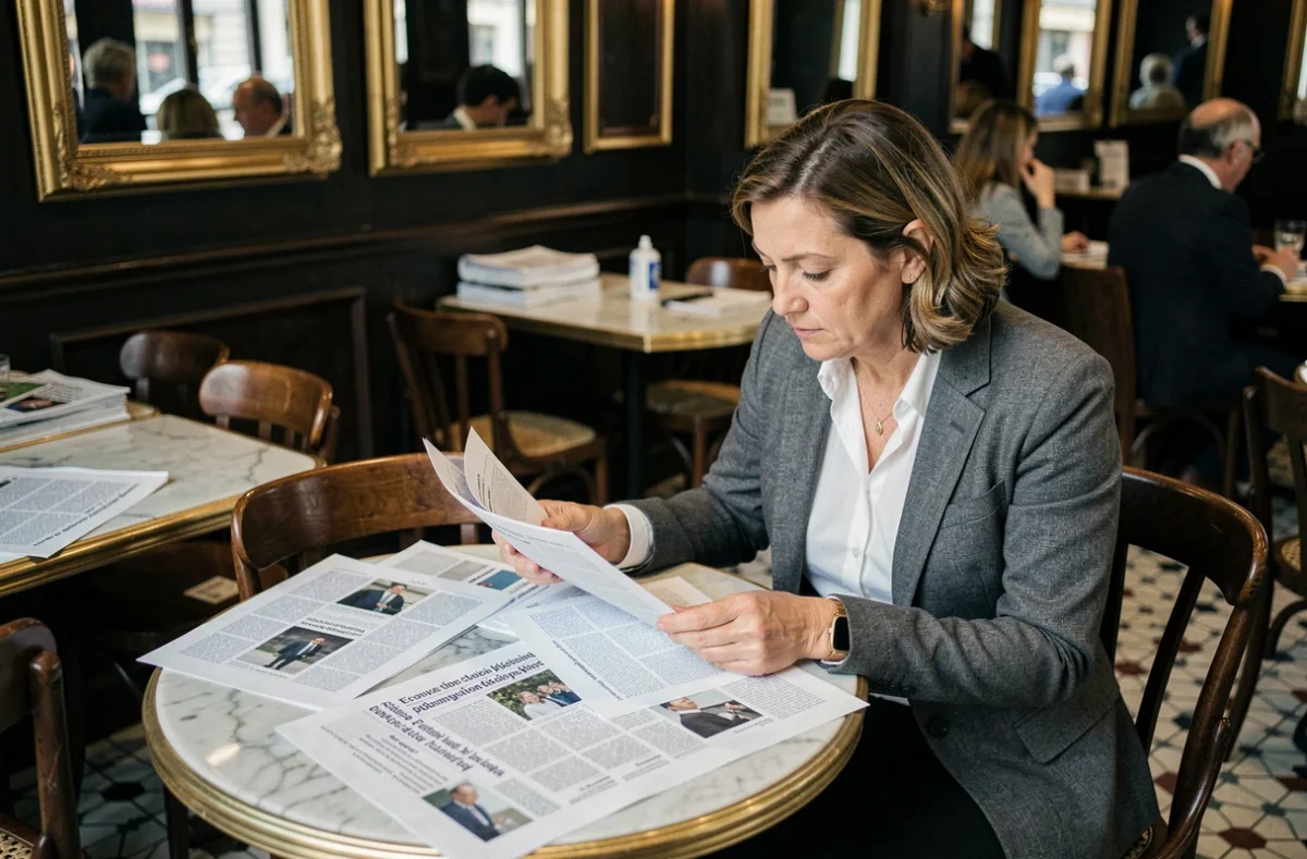Journaliste française analysant des coupures de presse et documents dans un café parisien, illustrant la vérification des faits autour des rumeurs sur les origines d'une personnalité publique