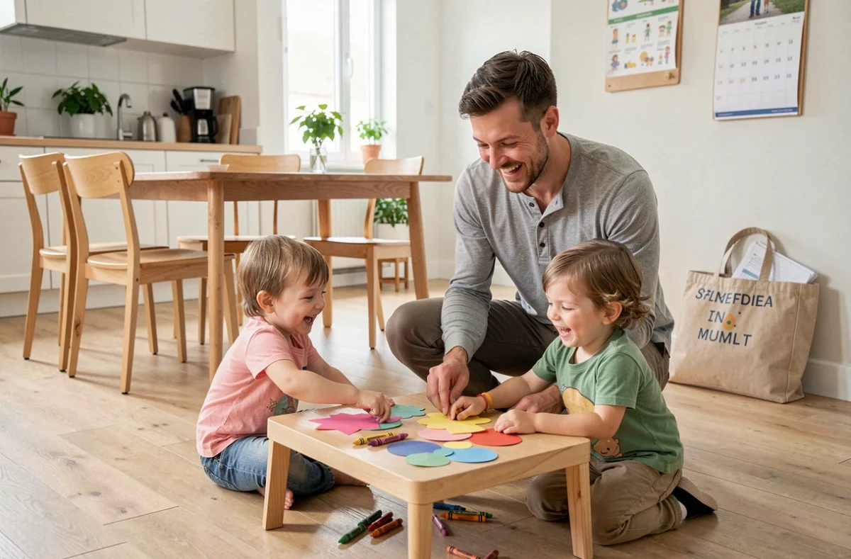 Baby-sitter masculin surveillant deux enfants lors d'une activité créative dans une cuisine familiale