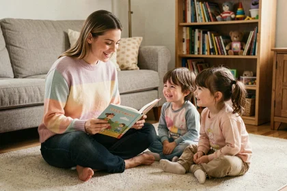 Baby-sitter lisant un livre illustré à deux enfants dans un salon familial chaleureux
