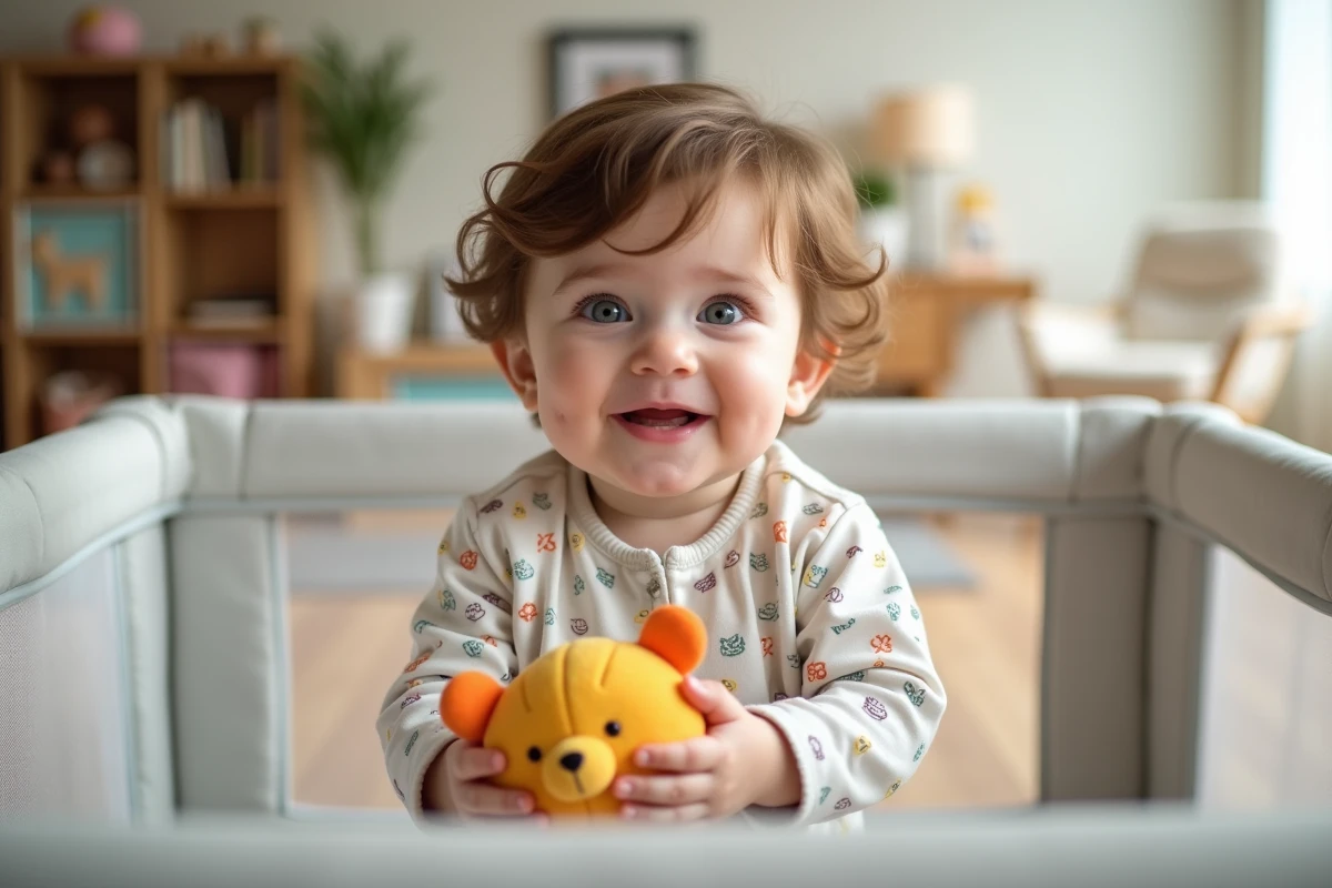 Bebe garçon d'un an dans un parc intérieur avec jouet coloré