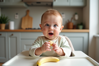 Bébé garçon de 5 mois assis dans une chaise haute en cuisine