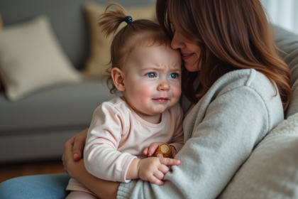 Bebe apaisée dans les bras de sa maman en intérieur