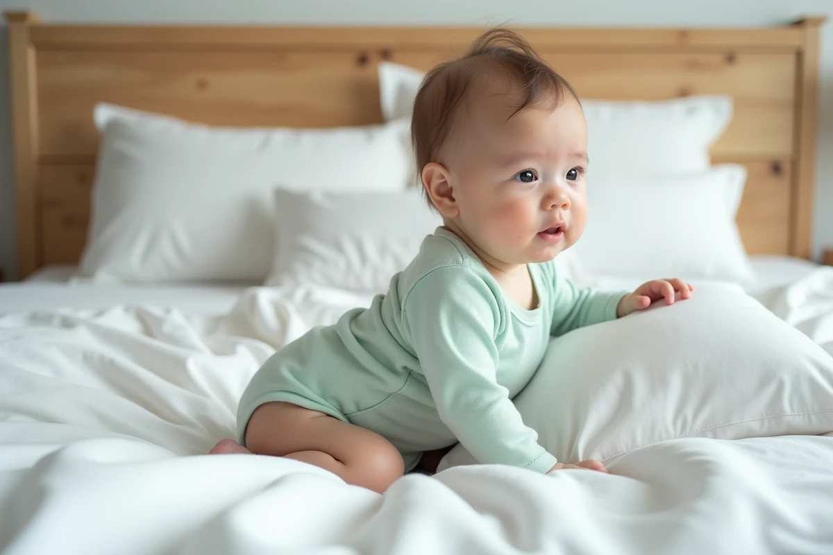 Bébé de 5 mois assis dans le lit parental entouré d'oreillers en coton blanc