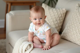 Bébé de 4 mois assis avec soutien sur un canapé beige dans un salon familial