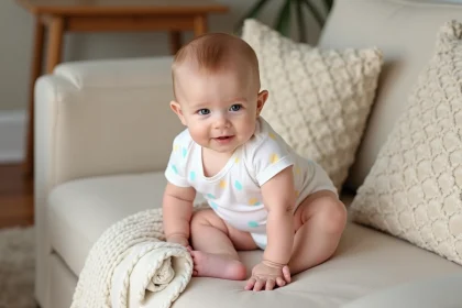 Bébé de 4 mois assis avec soutien sur un canapé beige dans un salon familial