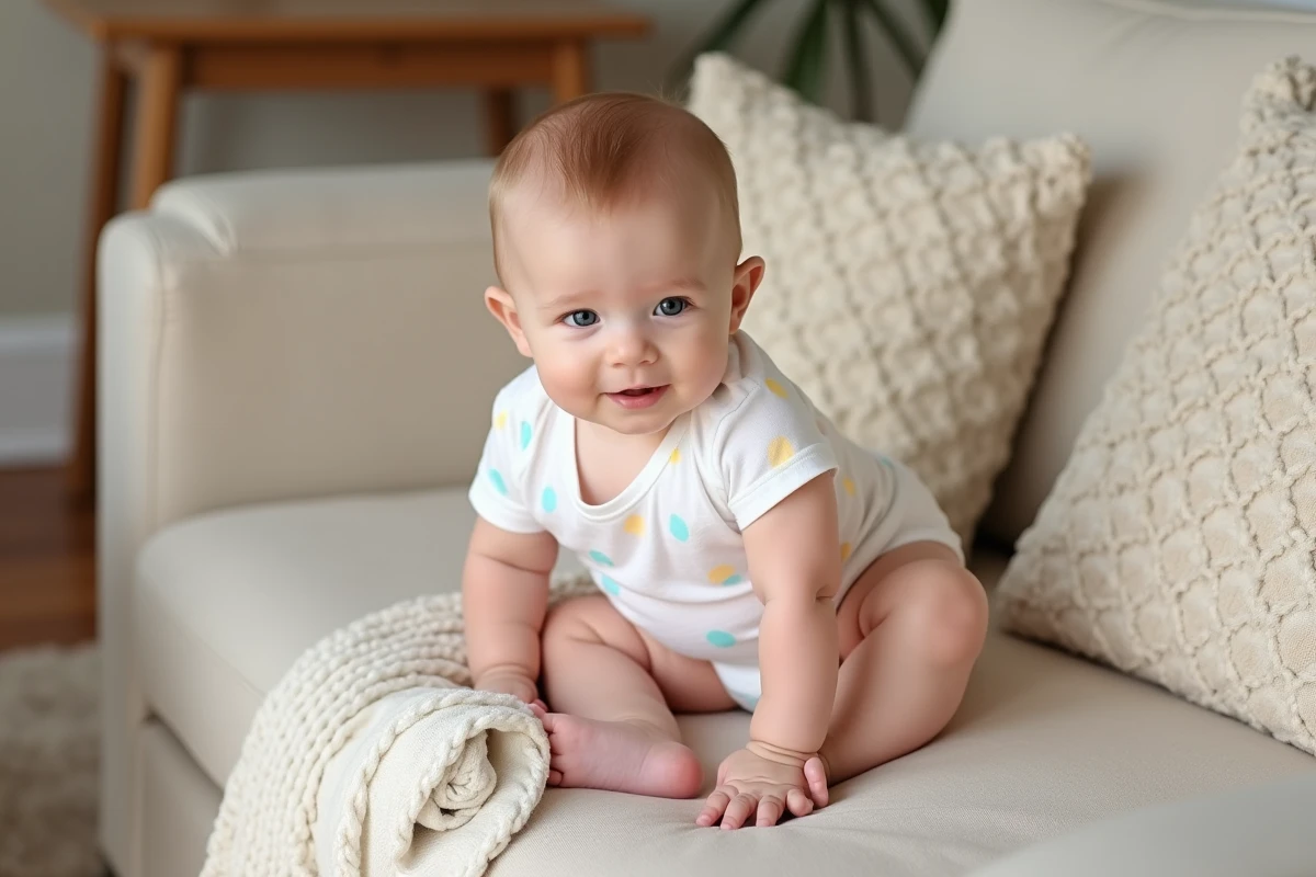 Bébé de 4 mois assis avec soutien sur un canapé beige dans un salon familial