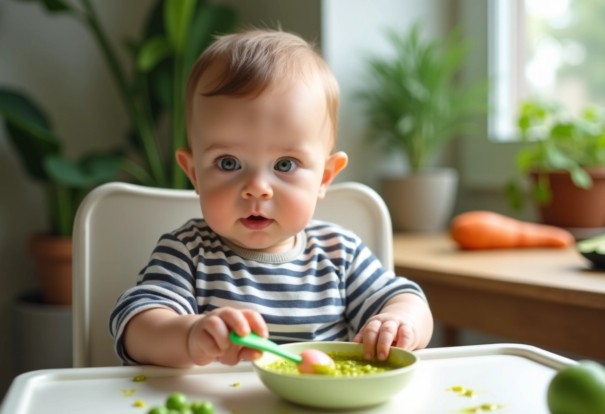 Bébé explorant une purée de légumes dans la salle à manger lumineuse