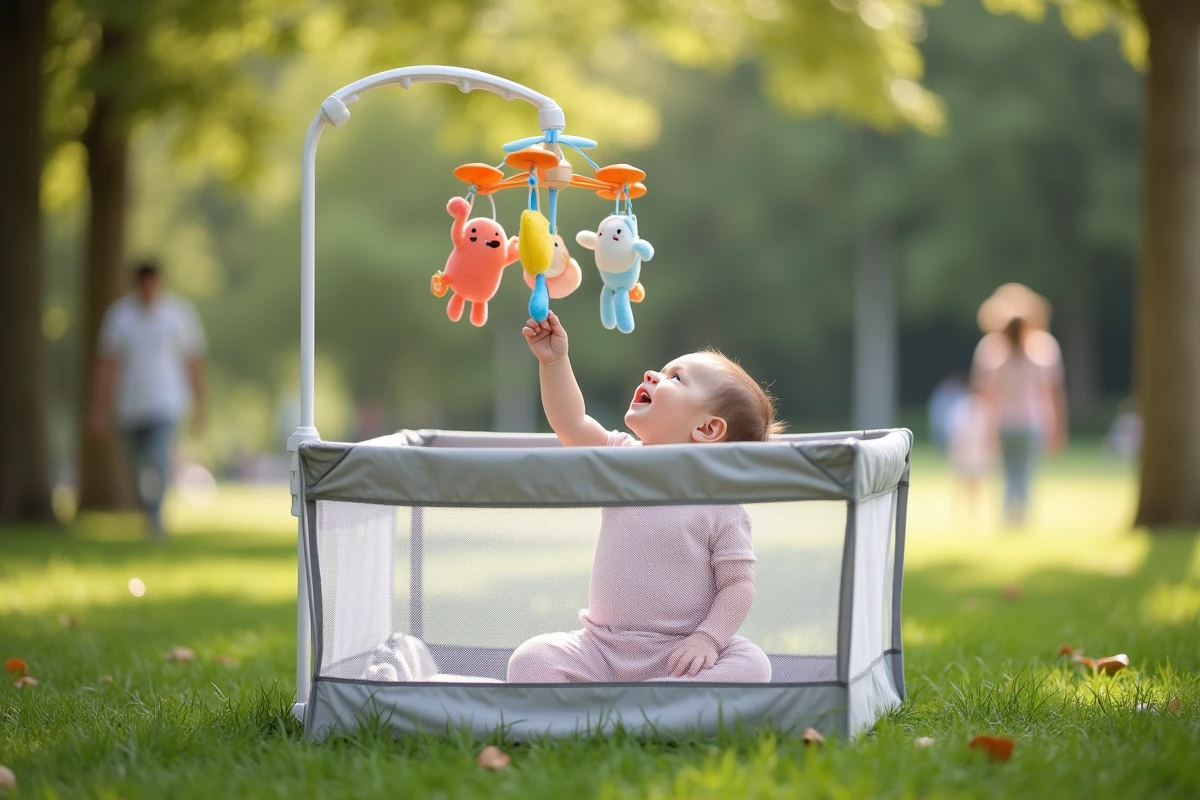 Bebe fille de six mois dans un parc extérieur avec mobile coloré