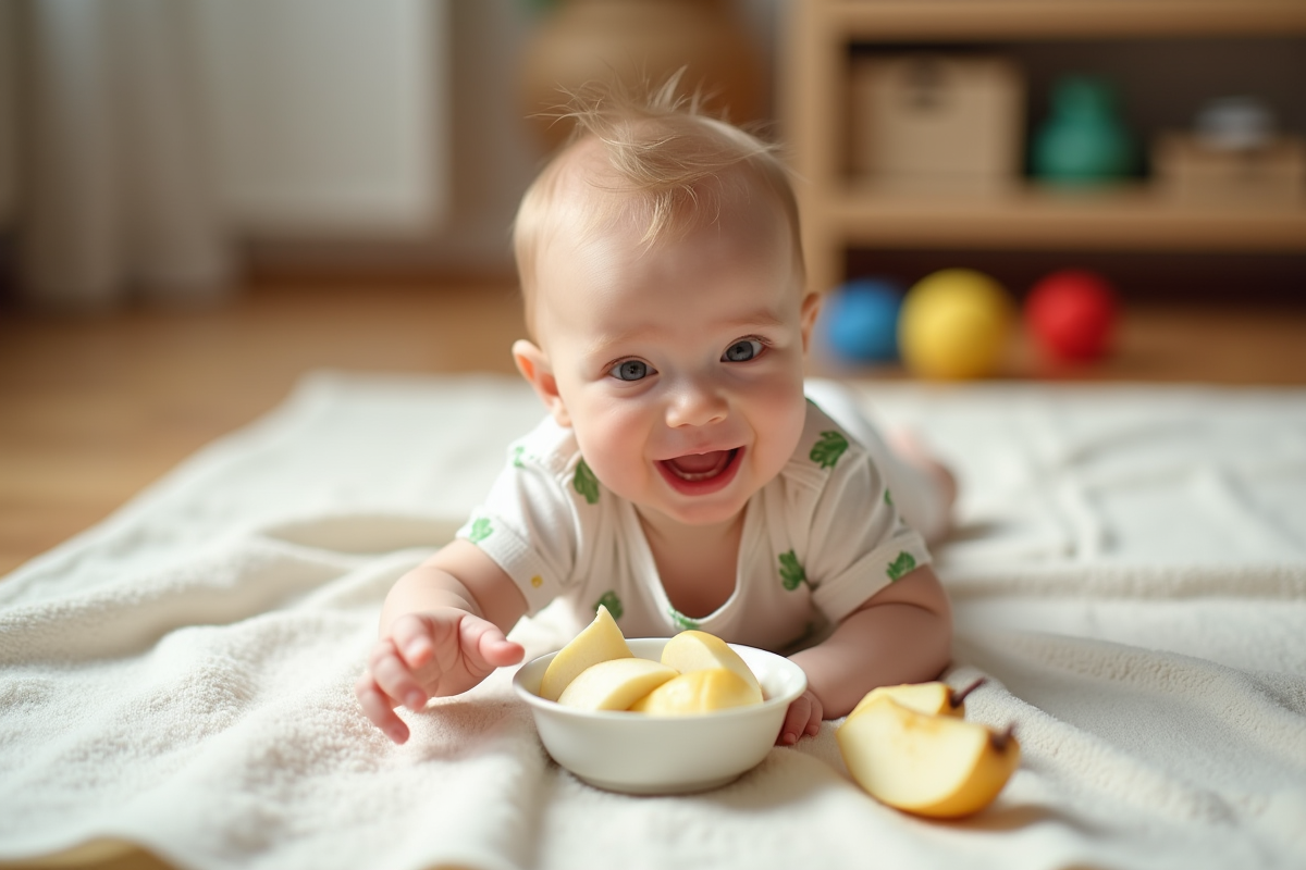 Bébé fille de 5 mois explorant un bol de poires pelées