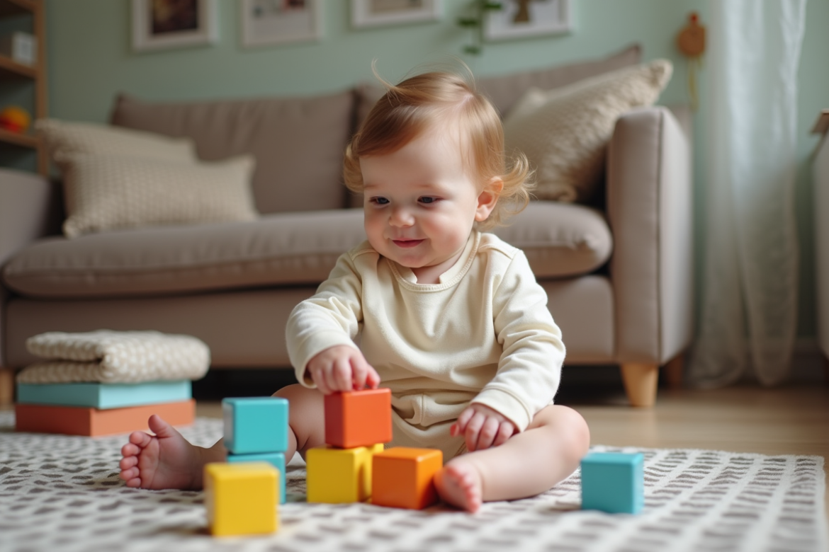 Bebe curieuse joue avec des blocs colorés dans un salon