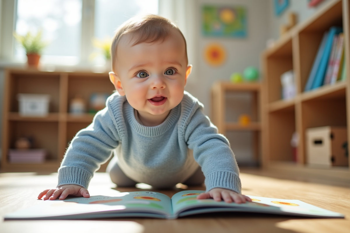 Bebe attentif rampe vers un livre dans une salle de classe
