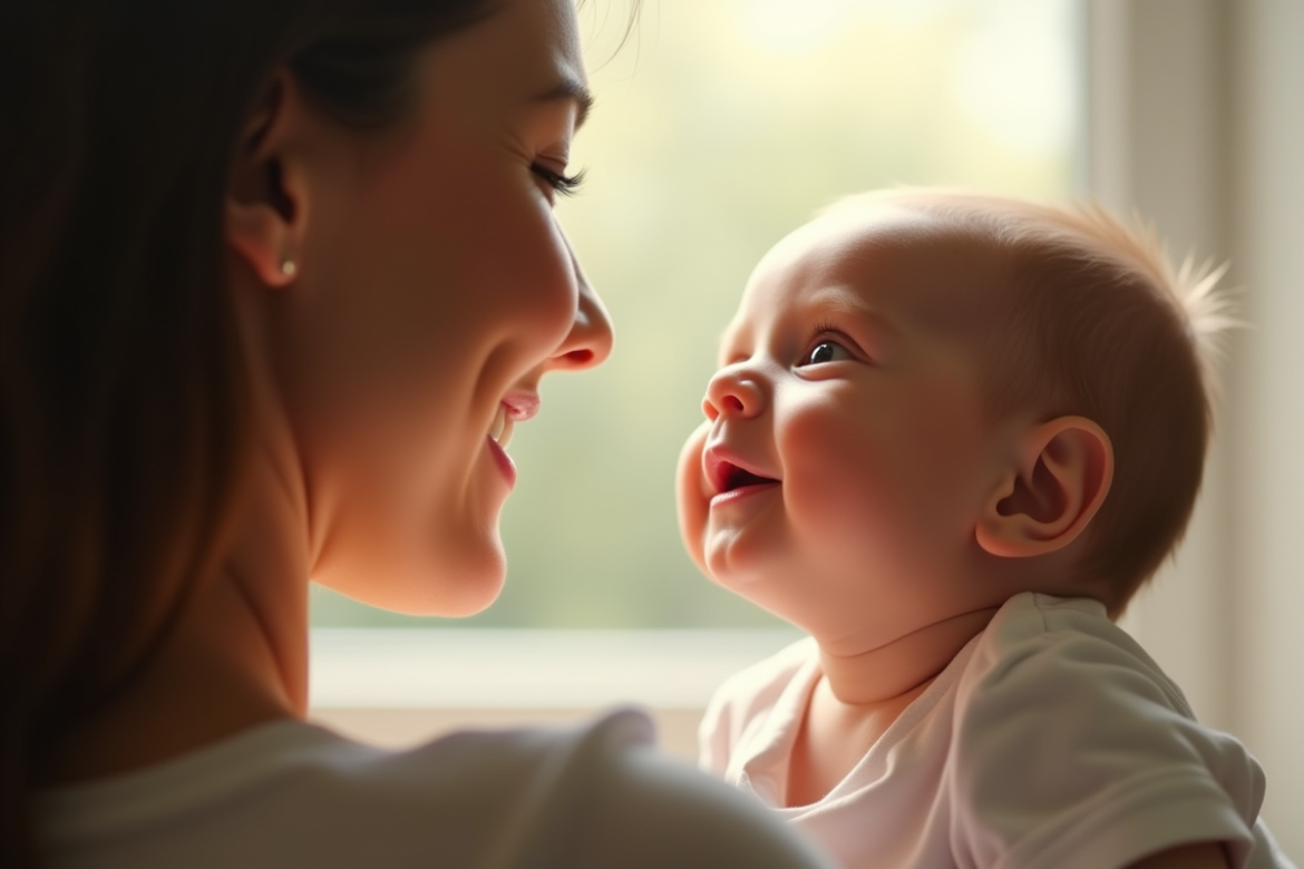 Bébé nouveau né regardant sa mère souriante en lumière douce