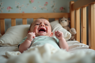 Bébé de six mois pleurant dans un lit en bois