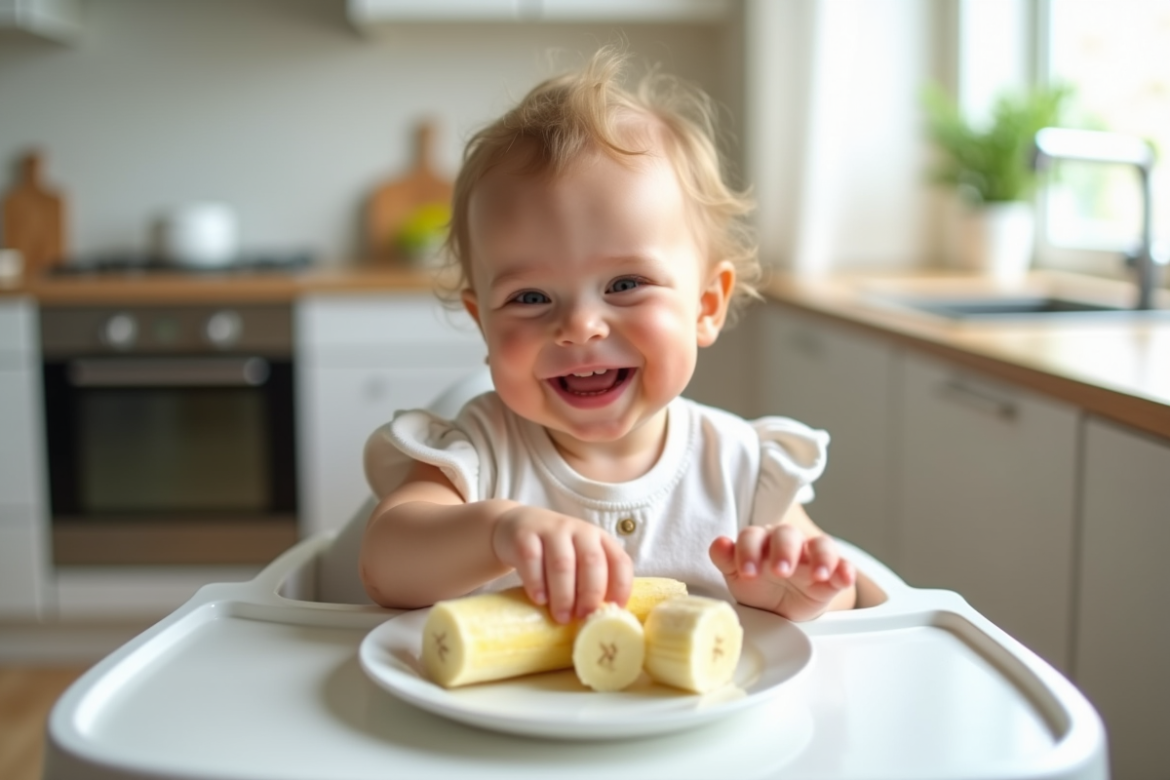Bébé souriant dans une chaise haute moderne mangeant une banane