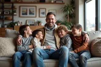 Benjamin Castaldi avec ses quatre fils dans un salon chaleureux