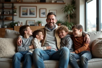 Benjamin Castaldi avec ses quatre fils dans un salon chaleureux
