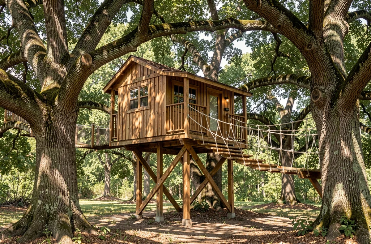 Cabane perchée dans les arbres au milieu d'une forêt
