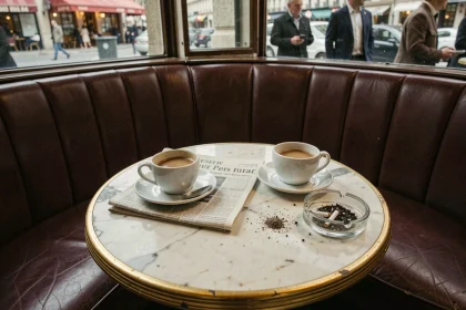 Café parisien des années 1970 avec deux tasses de café vides et un journal froissé sur une table en marbre, évoquant une rencontre secrète dans l'univers de Jacques Mesrine