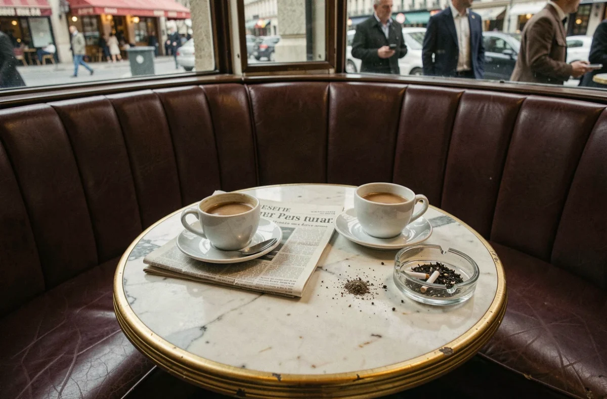 Café parisien des années 1970 avec deux tasses de café vides et un journal froissé sur une table en marbre, évoquant une rencontre secrète dans l'univers de Jacques Mesrine
