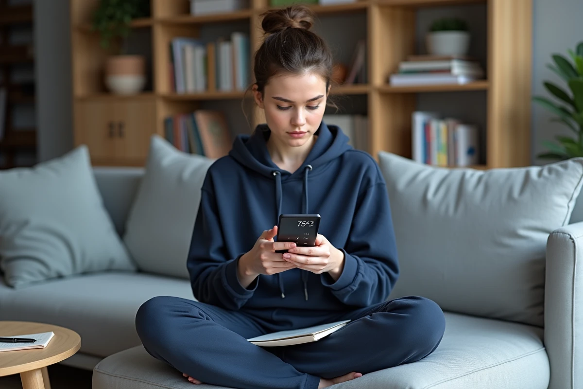 Jeune femme calculant ses indemnités de chômage pendant le congé maternité sur smartphone
