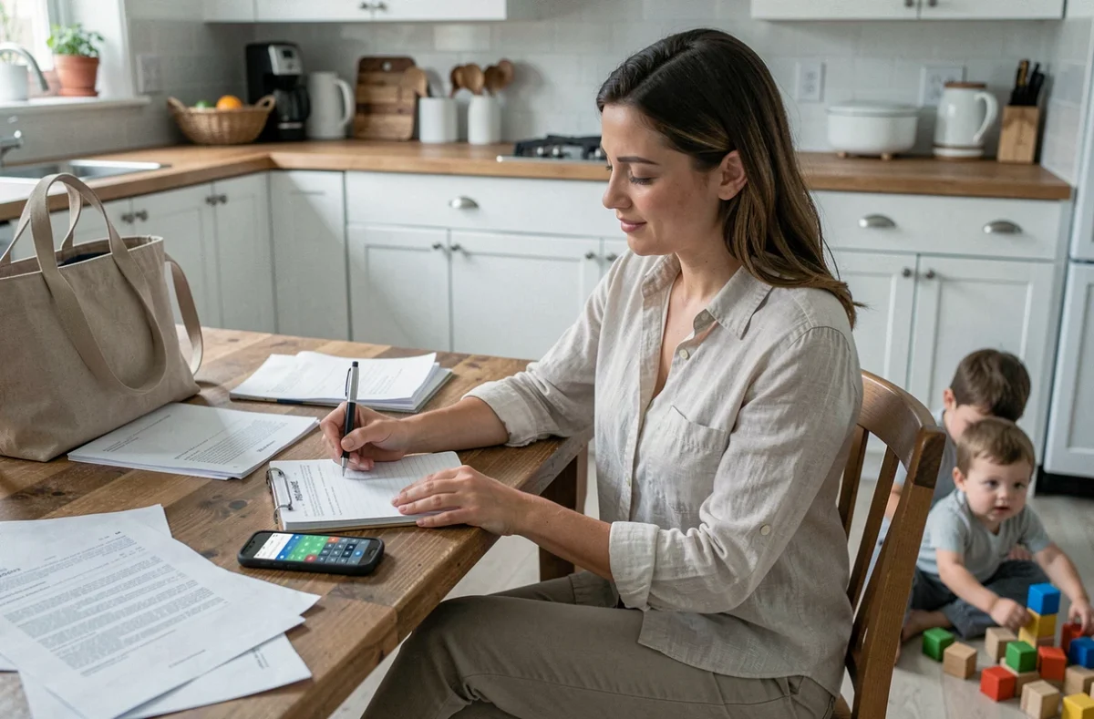 Mère calculant le tarif de baby-sitting pour deux enfants avec une calculatrice et un carnet