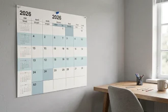 Calendrier semaine pair impair 2026 format A3 affiché sur un mur de bureau avec un bureau en bois en arrière-plan