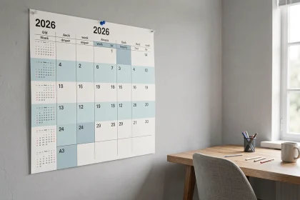 Calendrier semaine pair impair 2026 format A3 affiché sur un mur de bureau avec un bureau en bois en arrière-plan
