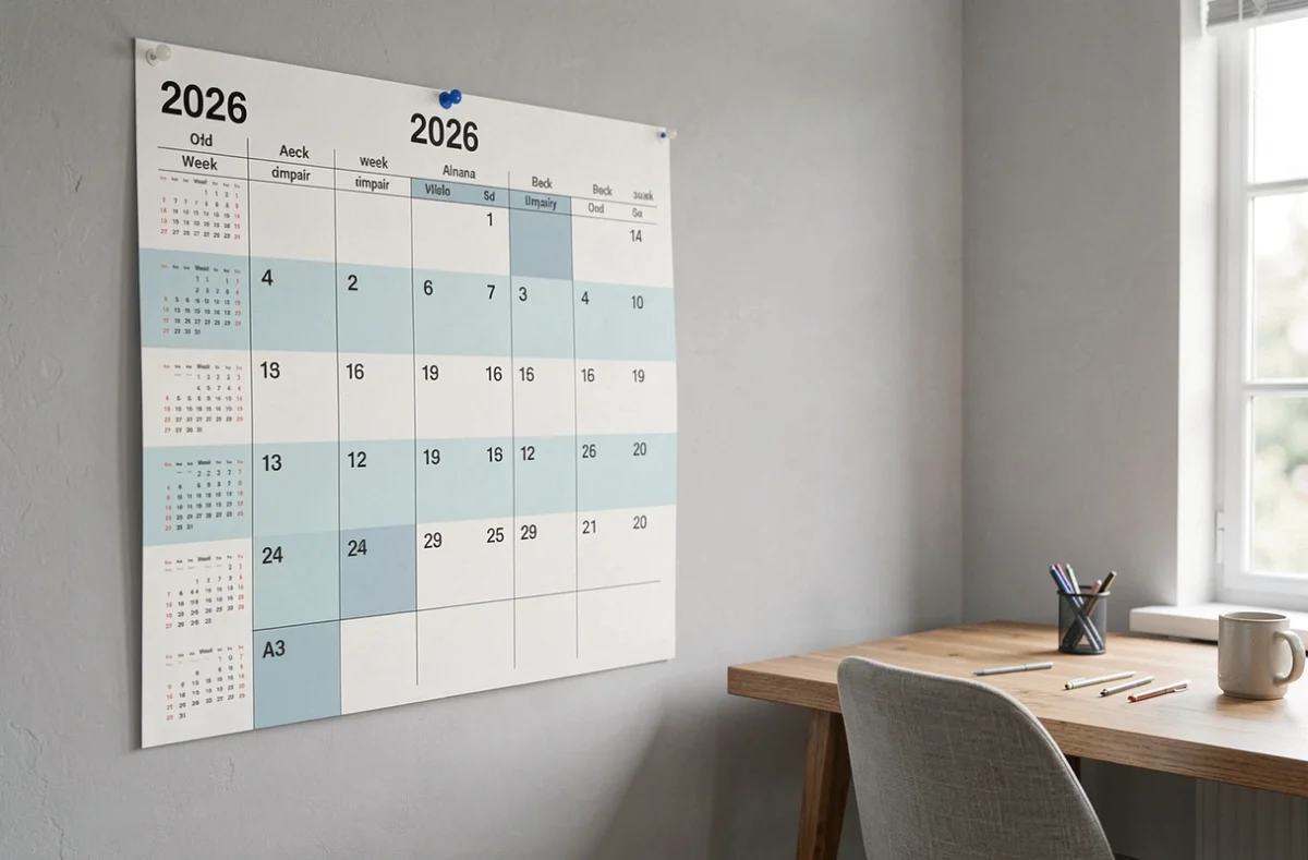 Calendrier semaine pair impair 2026 format A3 affiché sur un mur de bureau avec un bureau en bois en arrière-plan