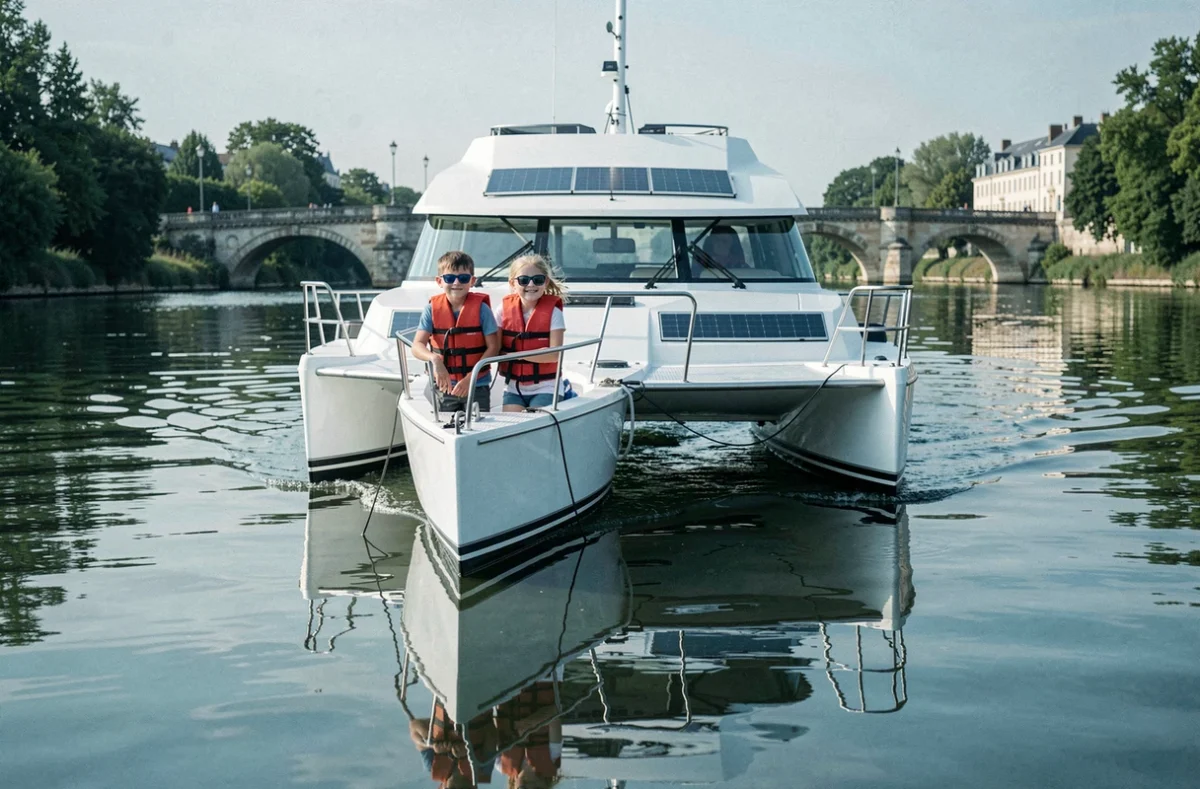 Enfants à bord du catamaran solaire naviguant sur l'Oise à Compiègne