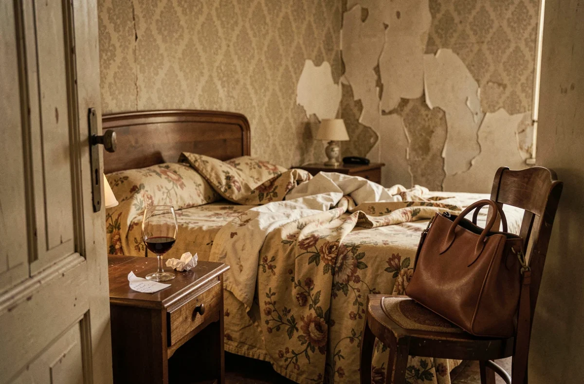 Chambre d'hôtel parisien des années 1970 abandonnée avec des indices d'une présence récente, illustrant les zones d'ombre entourant la rencontre entre Jacques Mesrine et María de la Soledad