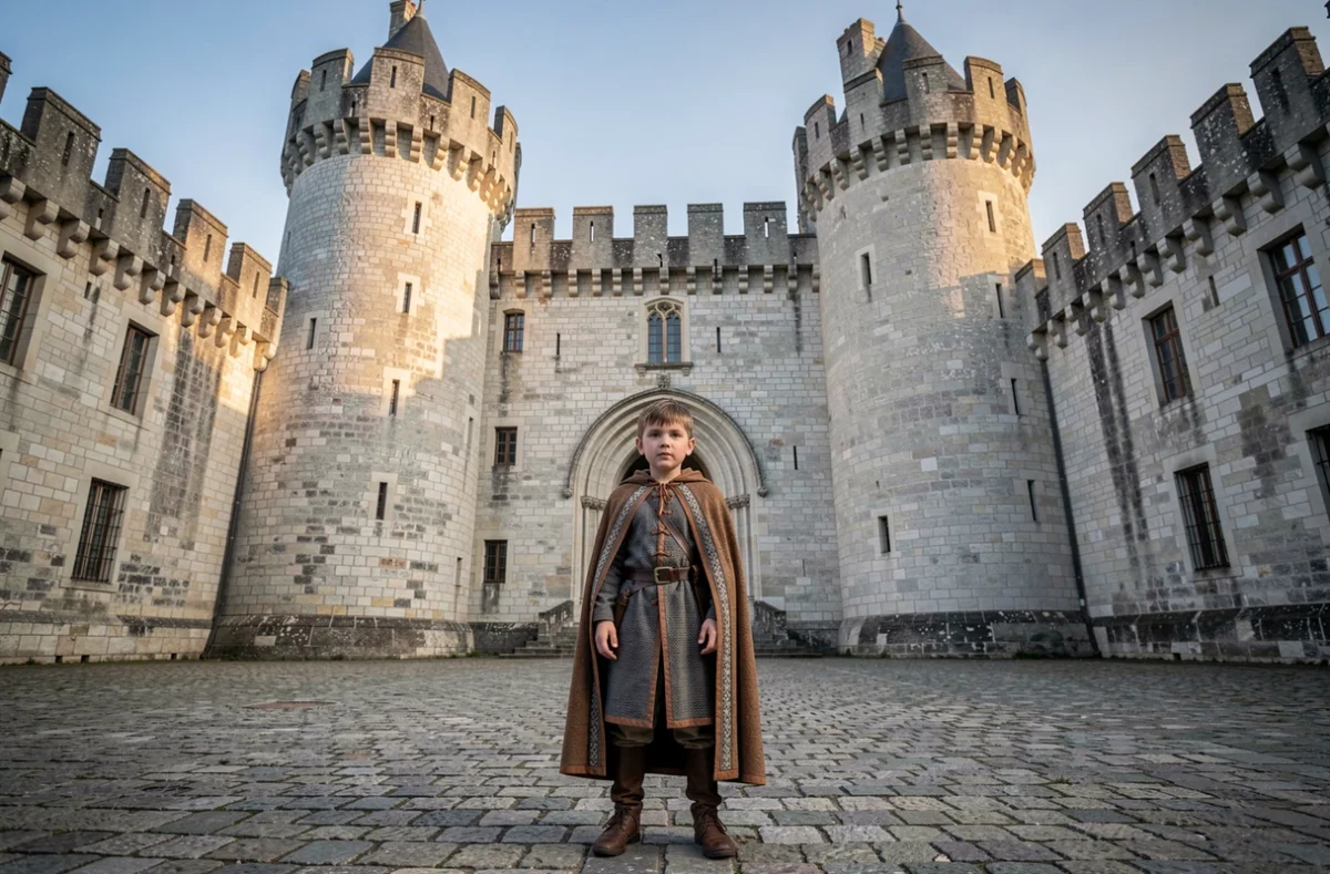 Enfant déguisé en chevalier devant les tours médiévales du Château de Pierrefonds dans l'Oise
