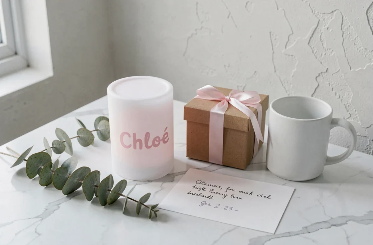 Coffret cadeau naissance veilleuse personnalisée prénom Chloé en silicone rose sur marbre blanc avec boîte kraft et eucalyptus