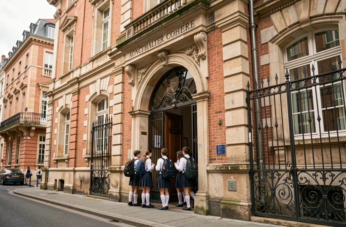Entrée du Collège Saint-Joseph la Salle à Toulouse avec élèves en uniforme passant le portail