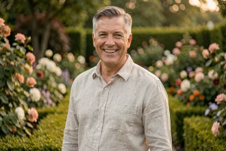 Homme souriant dans un jardin fleuri, cadrage trois-quarts, ambiance naturelle et détendue illustrant la vie de couple d'un passionné de jardinage