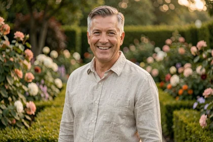 Homme souriant dans un jardin fleuri, cadrage trois-quarts, ambiance naturelle et détendue illustrant la vie de couple d'un passionné de jardinage