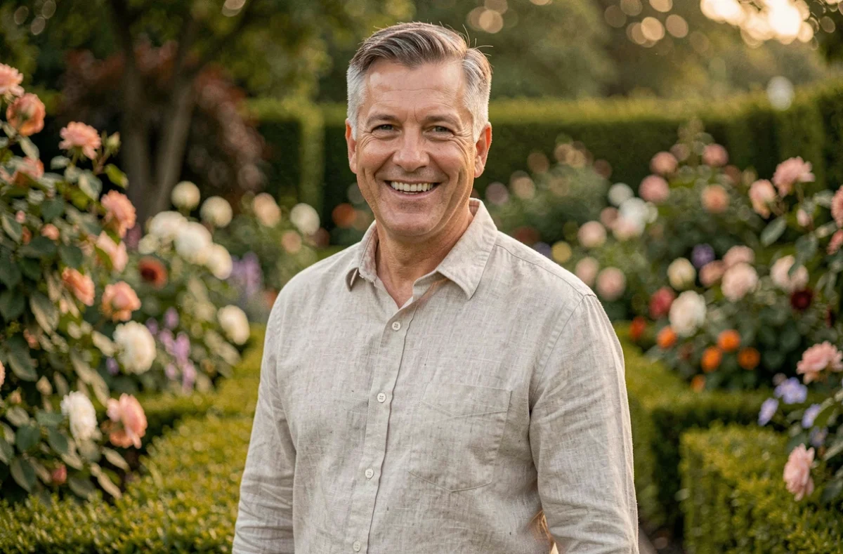 Homme souriant dans un jardin fleuri, cadrage trois-quarts, ambiance naturelle et détendue illustrant la vie de couple d'un passionné de jardinage