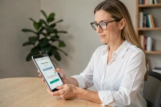 Femme professionnelle connectée à un espace de santé en ligne sur tablette depuis son bureau à domicile