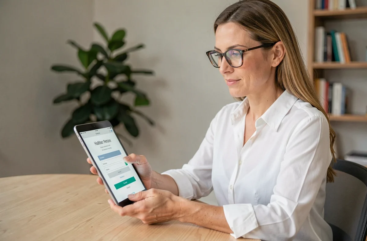 Femme professionnelle connectée à un espace de santé en ligne sur tablette depuis son bureau à domicile